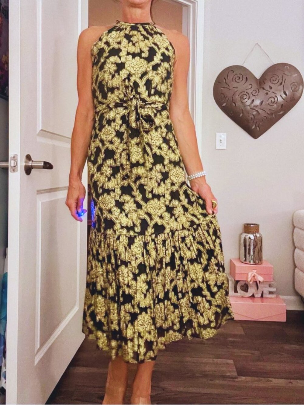 Alex Marie Stunning Black and Metallic Gold Halter Maxi Dress
